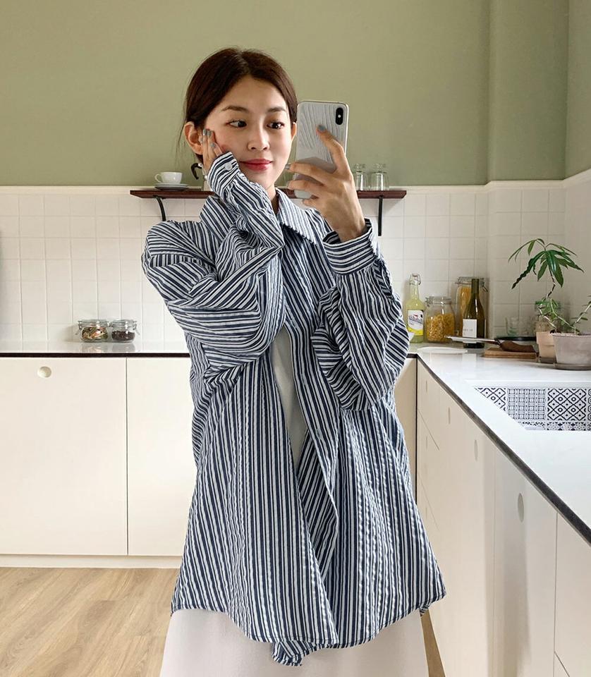 リンクルマルチストライプシャツ・全3色・t00999 レディース 【bl】トップス シャツ 長袖 ストライプ柄 マルチストライプ リンクル 大人 襟 爽やか カジュアル ドロップショルダー 黄緑 春 夏 韓国ファッション