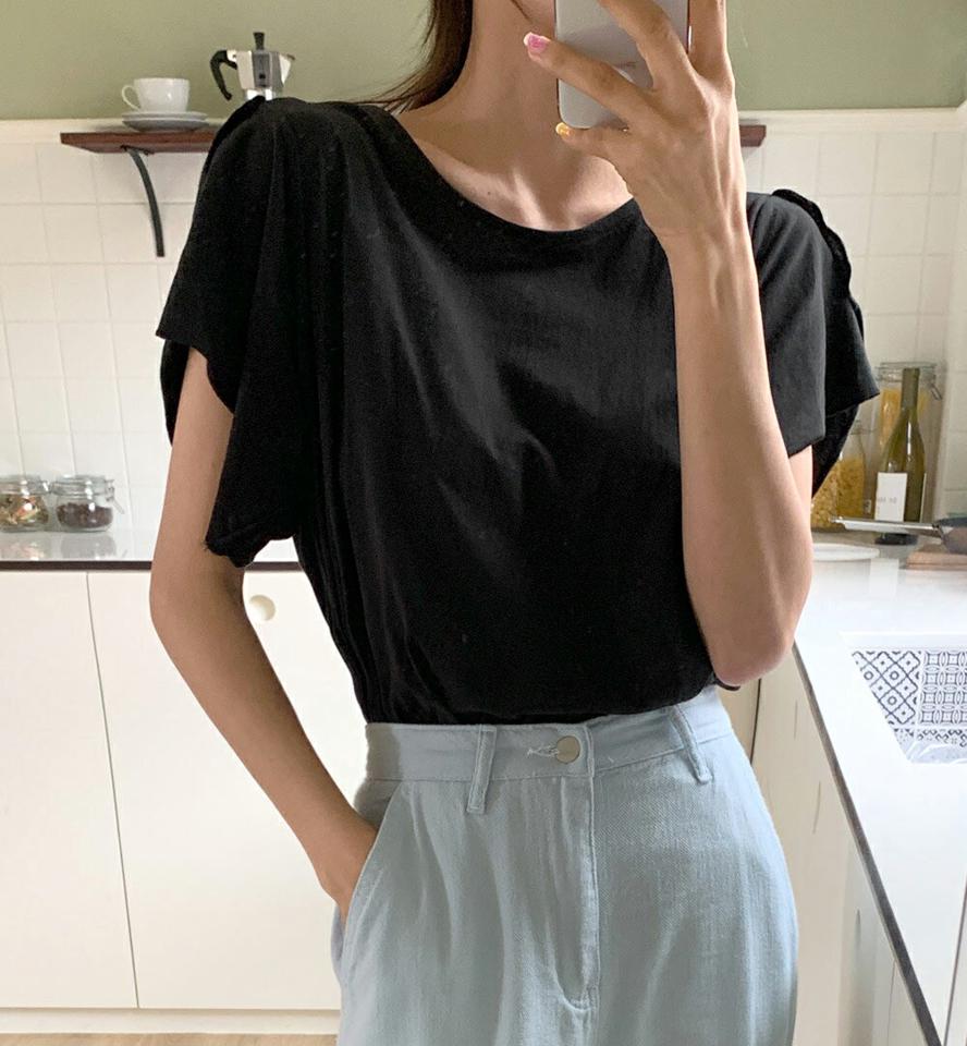 スリットスリーブTシャツ・全4色・t00994 レディース 【tops】トップス Tシャツ 半袖 スリット ワイドスリーブ ラウンドネック 単色 無地 シンプル 大人 茶色 ブラウン パフスリーブ コットン 綿 二の腕カバー 袖コン 夏 韓国ファッション