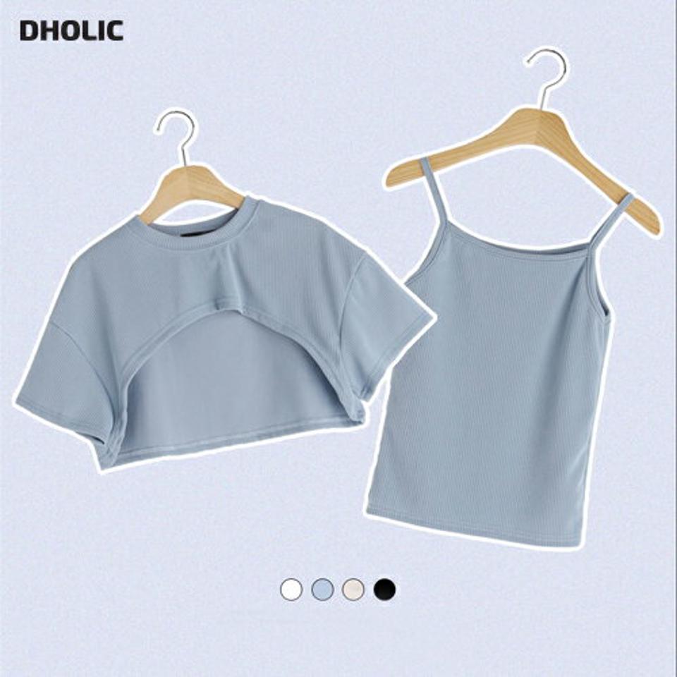 【10%OFF】リブキャミソール&ボレロTシャツSET・全4色・t00993 レディース 【tops】セット トップス 半袖 ハーフスリーブ スリーブレス ノースリーブ キャミソール リブ レイヤード ラウンドネック ユニーク カジュアル 水色 夏 韓国ファッション セール SALE