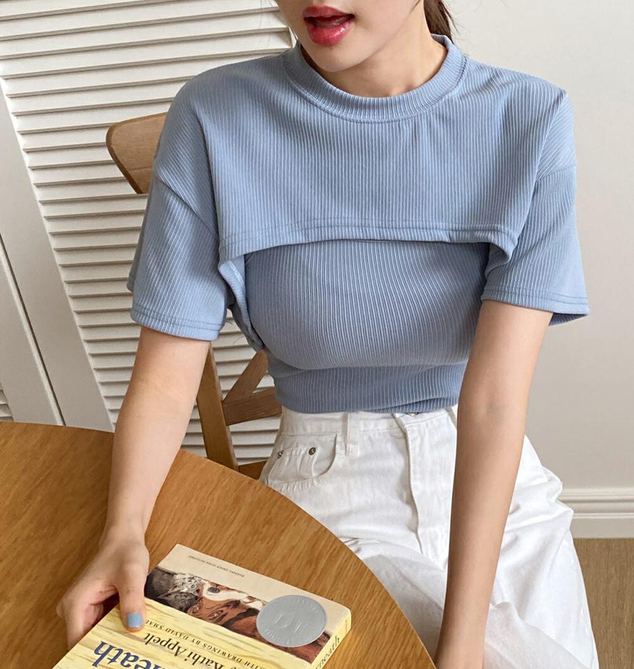 【10%OFF】リブキャミソール&ボレロTシャツSET・全4色・t00993 レディース 【tops】セット トップス 半袖 ハーフスリーブ スリーブレス ノースリーブ キャミソール リブ レイヤード ラウンドネック ユニーク カジュアル 水色 夏 韓国ファッション セール SALE