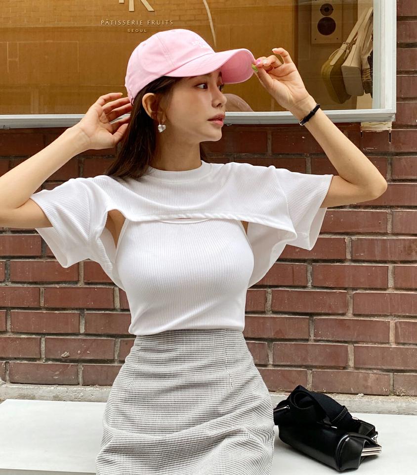 【10%OFF】リブキャミソール&ボレロTシャツSET・全4色・t00993 レディース 【tops】セット トップス 半袖 ハーフスリーブ スリーブレス ノースリーブ キャミソール リブ レイヤード ラウンドネック ユニーク カジュアル 水色 夏 韓国ファッション セール SALE