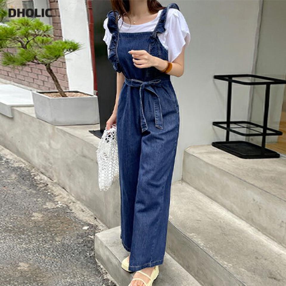 ストラップ付フリルデニムオールインワン・全1色・t00990 レディース 【pt】オールインワン パンツ ズボン ロングパンツ デニム フリル ストラップ ウエストマーク ガーリー かわいい 可愛い レイヤード 濃い ワイド 春 夏 韓国ファッション