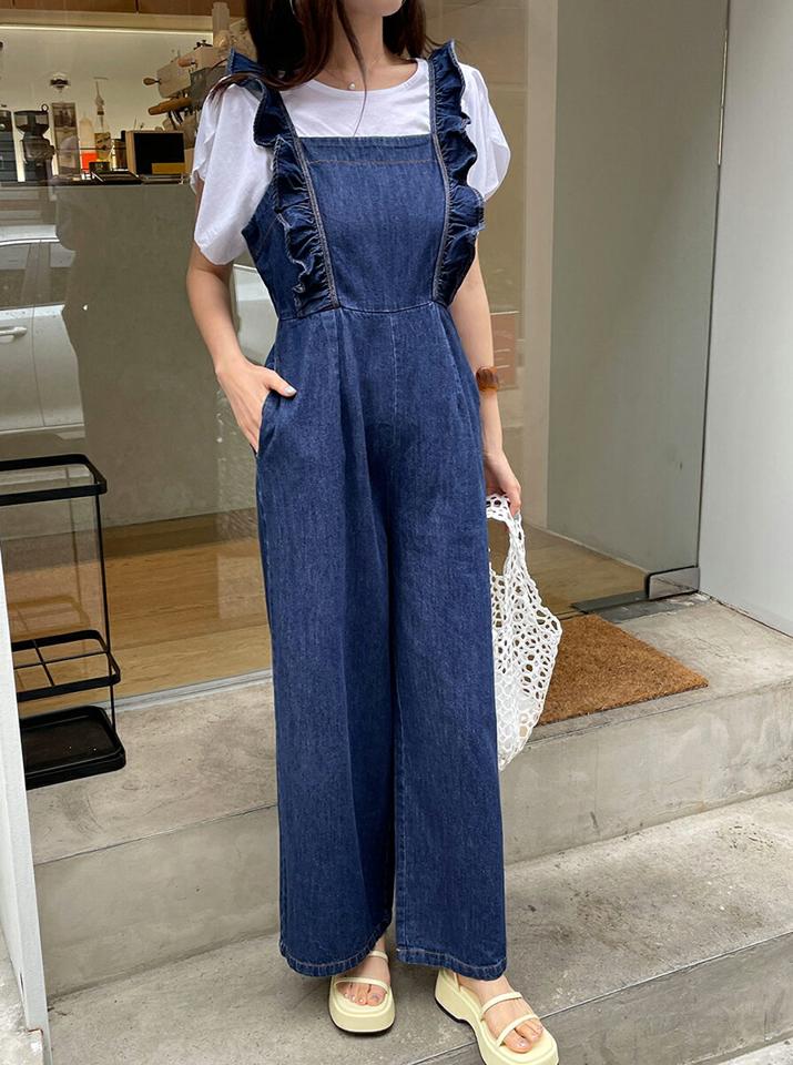 ストラップ付フリルデニムオールインワン・全1色・t00990 レディース 【pt】オールインワン パンツ ズボン ロングパンツ デニム フリル ストラップ ウエストマーク ガーリー かわいい 可愛い レイヤード 濃い ワイド 春 夏 韓国ファッション