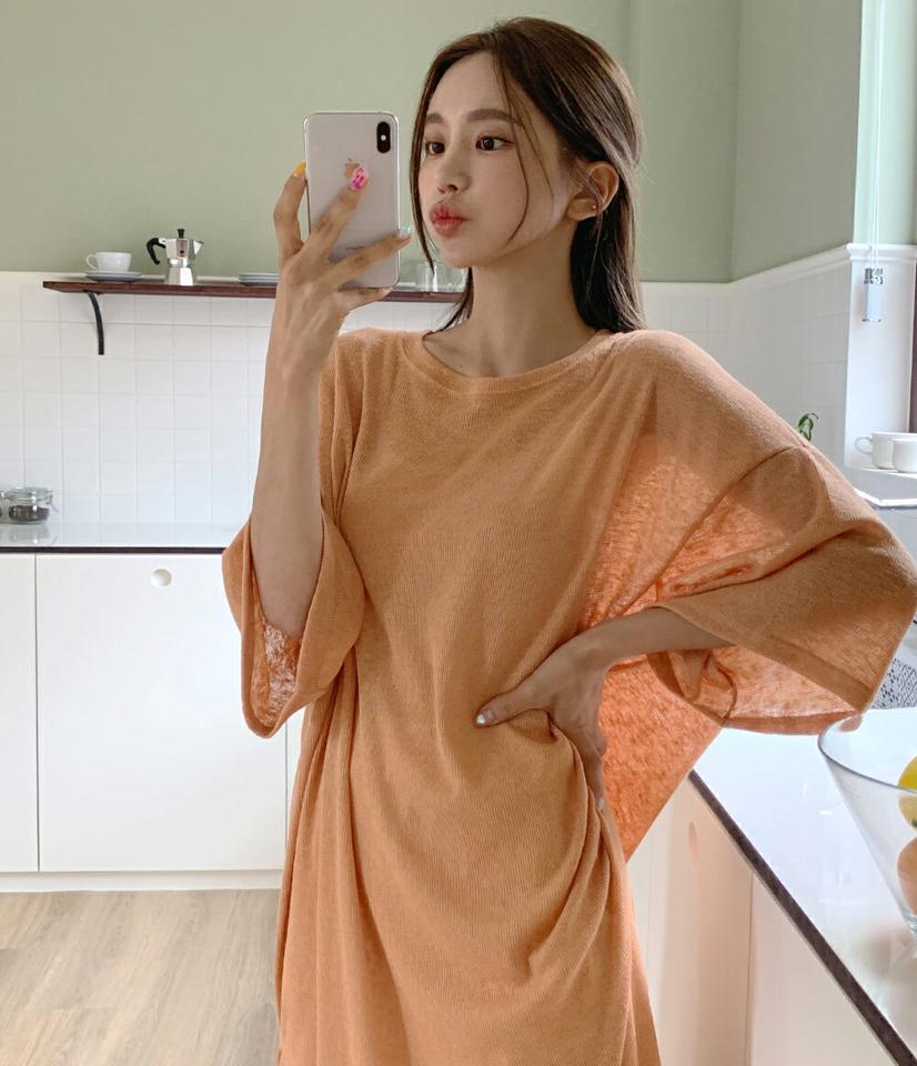シアーサイドスリットロングTシャツ・全5色・t00984 レディース 【tops】トップス Tシャツ ロング丈 深スリット 半袖 シアー 透け感 シースルー 二の腕カバー 体型カバー 単色 無地 シンプル ラフ 白T ゆったり ルーズ 夏 韓国ファッション