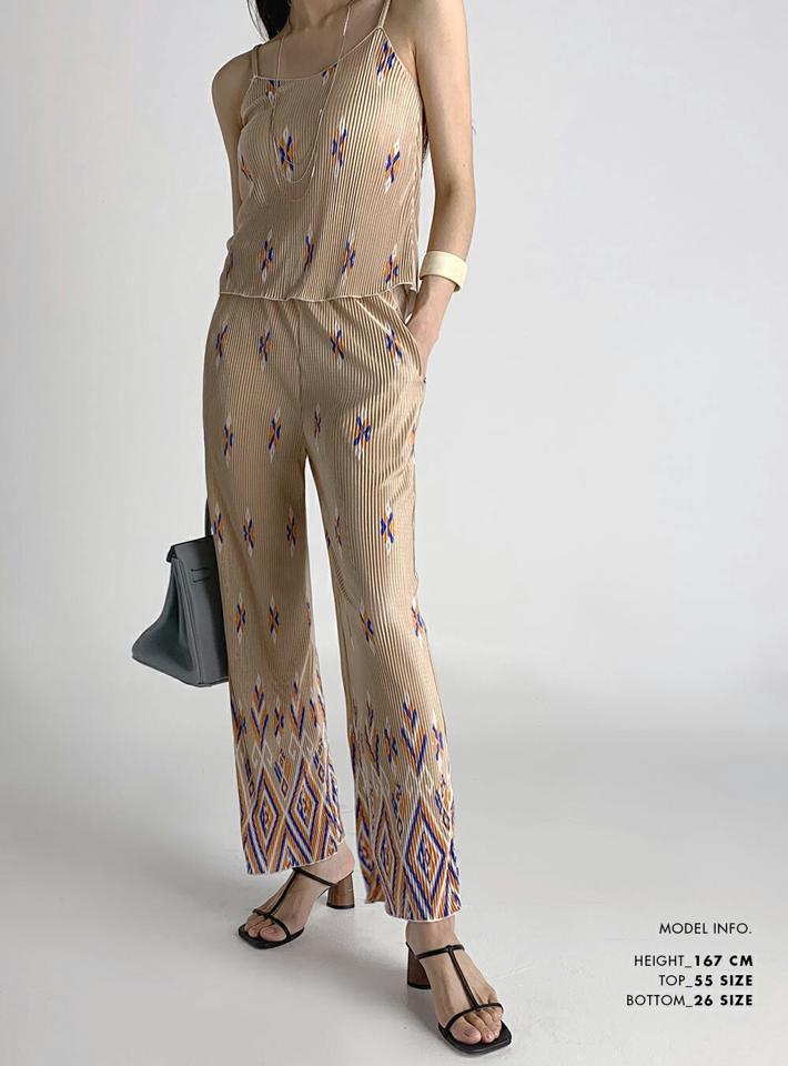 プリーツキャミ&パンツSET・全3色・t72718 レディース 【pt】セットアップ セット setup 柄 模様 プリーツ パンツ ロング丈 楽ちん トップス キャミソール ノースリーブ クロップド丈 春 夏 ベージュ 韓国ファッション ハイホリHIHOLLI