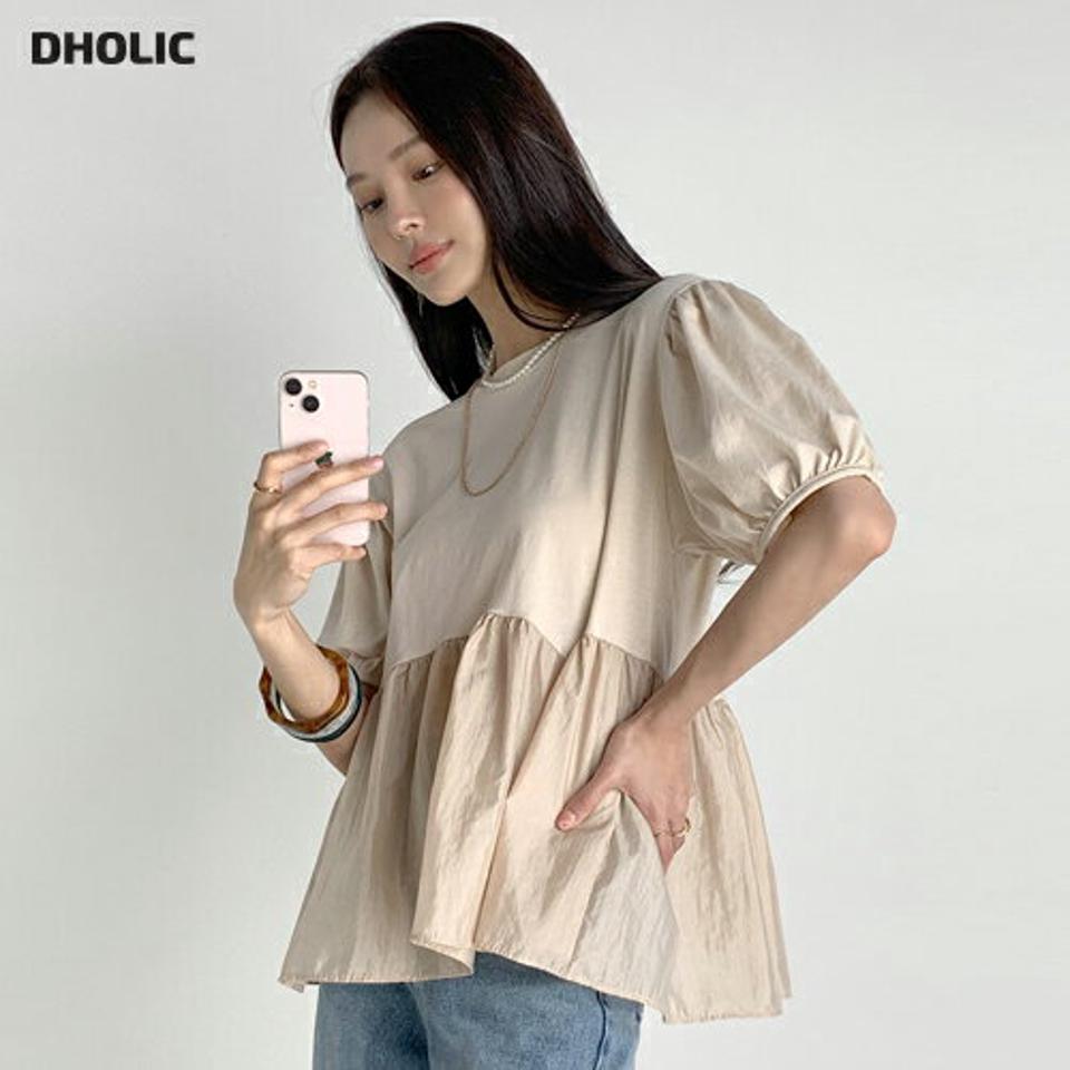 ペプラムTシャツ・全3色・t72743 レディース 【tops】トップス Tシャツ 半袖 ペプラム 単色 無地 シンプル ベーシック お腹カバー 体型カバー 二の腕カバー パステル 春 夏 ベージュ パフ袖 パフスリーブ 韓国ファッション ハイホリHIHOLLI
