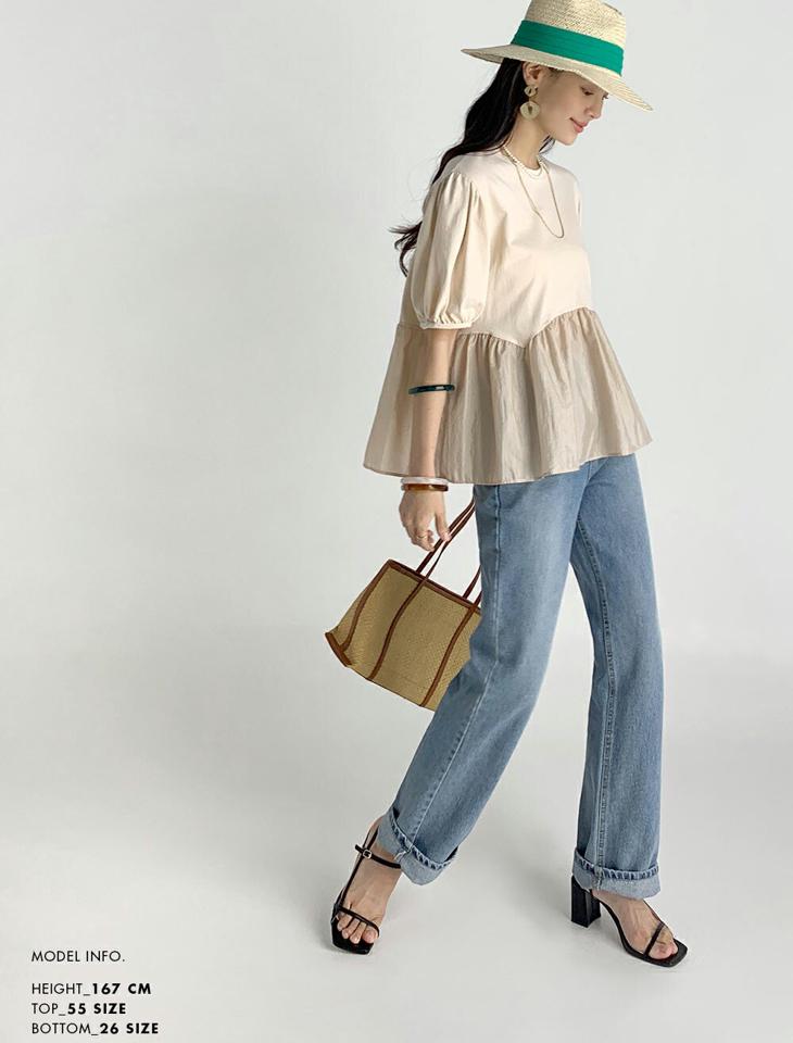 ペプラムTシャツ・全3色・t72743 レディース 【tops】トップス Tシャツ 半袖 ペプラム 単色 無地 シンプル ベーシック お腹カバー 体型カバー 二の腕カバー パステル 春 夏 ベージュ パフ袖 パフスリーブ 韓国ファッション ハイホリHIHOLLI