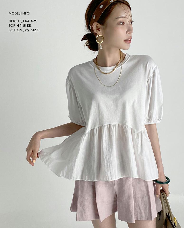 ペプラムTシャツ・全3色・t72743 レディース 【tops】トップス Tシャツ 半袖 ペプラム 単色 無地 シンプル ベーシック お腹カバー 体型カバー 二の腕カバー パステル 春 夏 ベージュ パフ袖 パフスリーブ 韓国ファッション ハイホリHIHOLLI