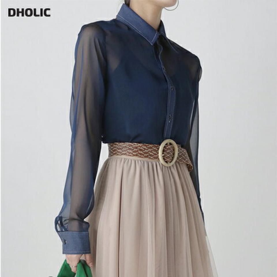 シースルーデニムシャツ・全2色・b72705 レディース 【tops】トップス シャツ 長袖 襟 ボタン 透け感 シアー シースルー デニム 柄 模様 ステッチ ロング丈 ユニーク 春 夏 カジュアル 大人 かわいい 可愛い 紺 黒 異素材ミックス 韓国ファッション ハイホリHIHOLLI