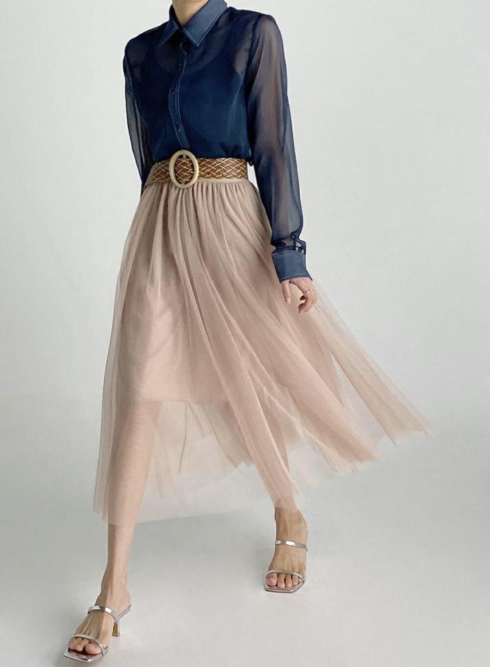 シースルーデニムシャツ・全2色・b72705 レディース 【tops】トップス シャツ 長袖 襟 ボタン 透け感 シアー シースルー デニム 柄 模様 ステッチ ロング丈 ユニーク 春 夏 カジュアル 大人 かわいい 可愛い 紺 黒 異素材ミックス 韓国ファッション ハイホリHIHOLLI