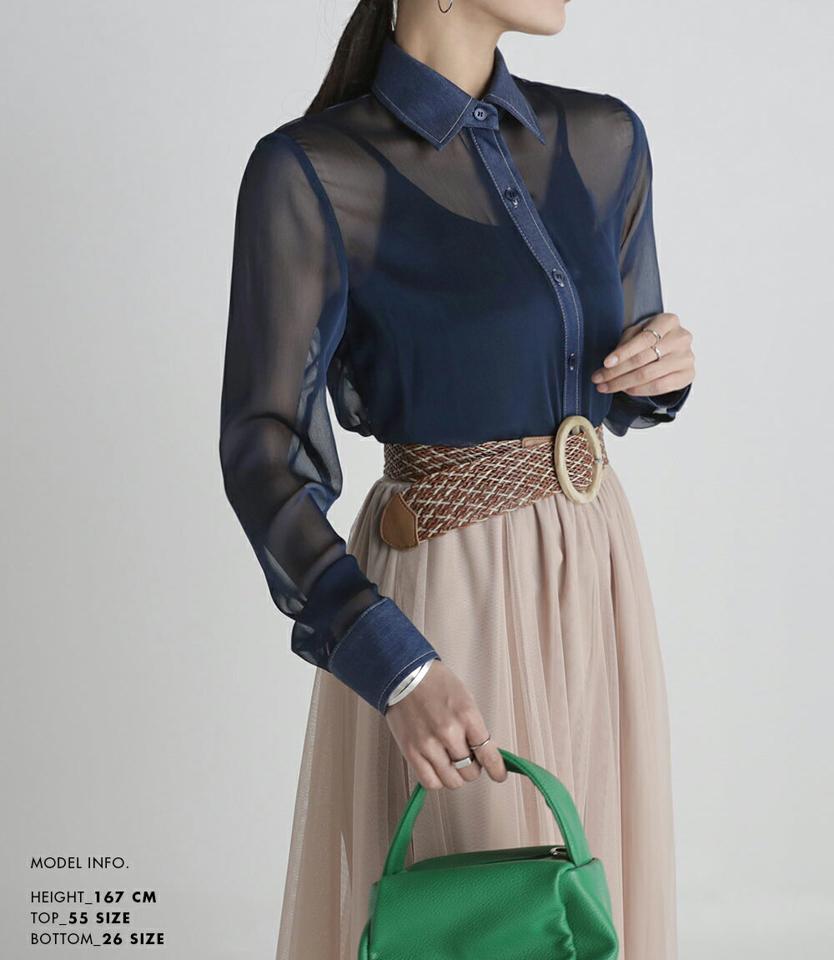 シースルーデニムシャツ・全2色・b72705 レディース 【tops】トップス シャツ 長袖 襟 ボタン 透け感 シアー シースルー デニム 柄 模様 ステッチ ロング丈 ユニーク 春 夏 カジュアル 大人 かわいい 可愛い 紺 黒 異素材ミックス 韓国ファッション ハイホリHIHOLLI