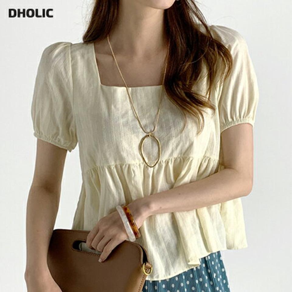 スクエアペプラムブラウス・全3色・t72742 レディース 【bl】ブラウス トップス 半袖 ペプラム お腹カバー 単色 スクエアネック 鎖骨 無地 デコルテ パフスリーブ パフ袖 パステル クロップド丈 綿 春 夏 黄色 韓国ファッション ハイホリHIHOLLI