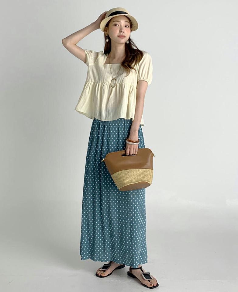 スクエアペプラムブラウス・全3色・t72742 レディース 【bl】ブラウス トップス 半袖 ペプラム お腹カバー 単色 スクエアネック 鎖骨 無地 デコルテ パフスリーブ パフ袖 パステル クロップド丈 綿 春 夏 黄色 韓国ファッション ハイホリHIHOLLI