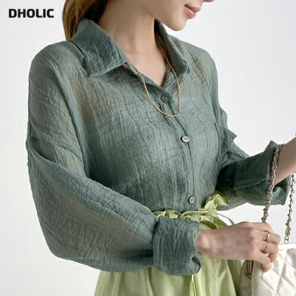 クロップドシースルーシャツ・全3色・b72703 レディース 【tops】トップス 長袖 シャツ 襟 ボタン ぼたん 透け感 シアー シースルー クロップド丈 ドロップショルダー 春 夏 カジュアル 大人 緑 グリーン 韓国ファッション ハイホリHIHOLLI