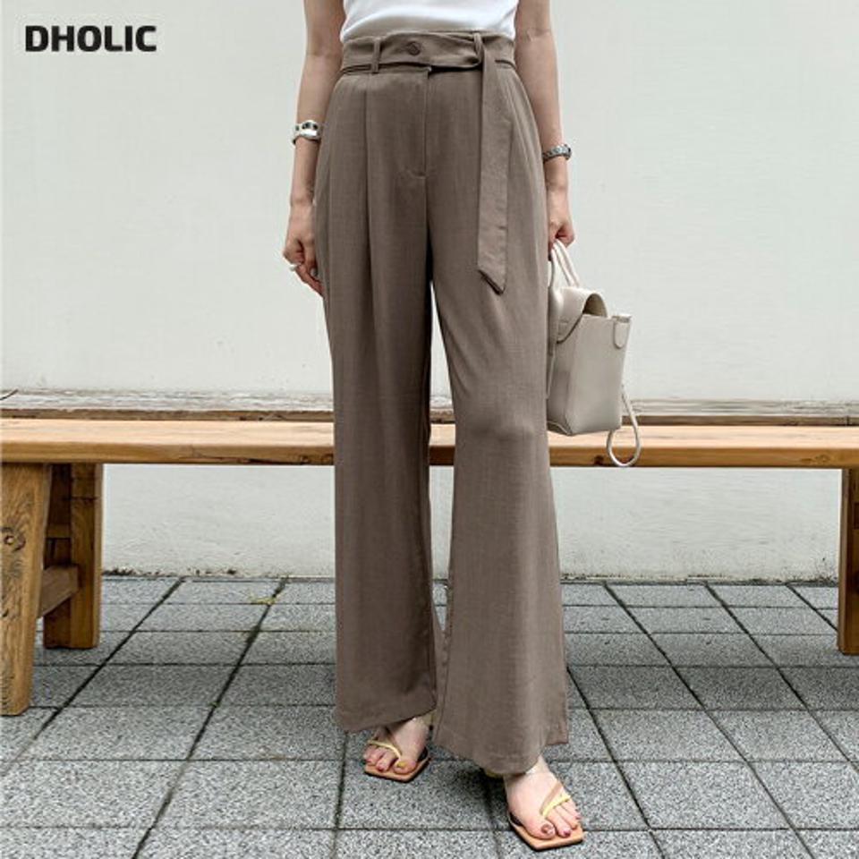 【10%OFF】ストラップ付リネン混スラックス・全3色・t72436 レディース 【pt】スラックス パンツ ロング丈 単色 無地 シンプル ベーシック ベルト付き リネン混 ハイウエスト ワイド 春 夏 フェミニン カジュアル 大人 茶色 韓国ファッション ハイホリHIHOLLI セール SALE