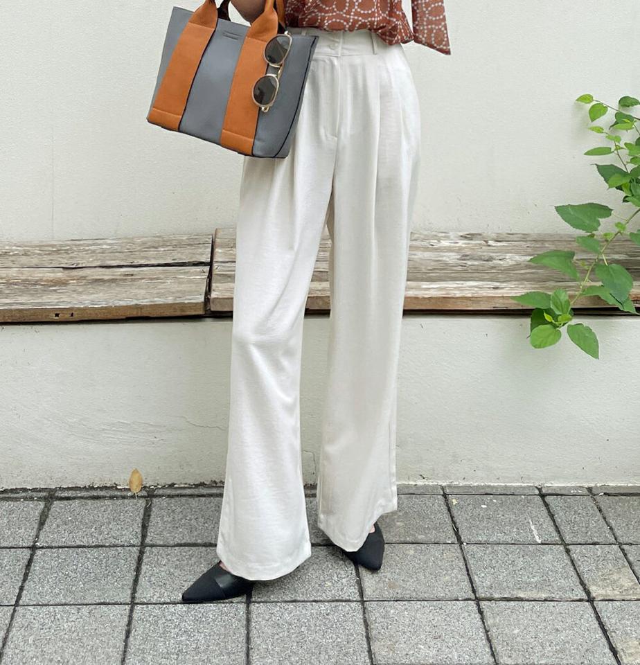 【10%OFF】ストラップ付リネン混スラックス・全3色・t72436 レディース 【pt】スラックス パンツ ロング丈 単色 無地 シンプル ベーシック ベルト付き リネン混 ハイウエスト ワイド 春 夏 フェミニン カジュアル 大人 茶色 韓国ファッション ハイホリHIHOLLI セール SALE