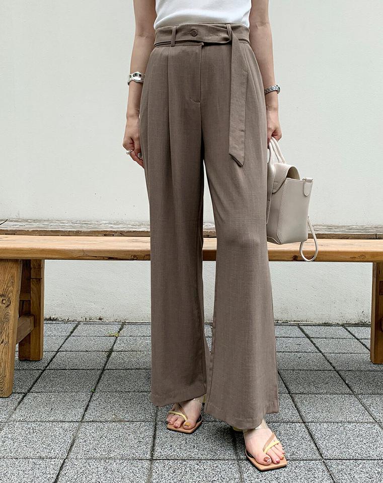 【10%OFF】ストラップ付リネン混スラックス・全3色・t72436 レディース 【pt】スラックス パンツ ロング丈 単色 無地 シンプル ベーシック ベルト付き リネン混 ハイウエスト ワイド 春 夏 フェミニン カジュアル 大人 茶色 韓国ファッション ハイホリHIHOLLI セール SALE