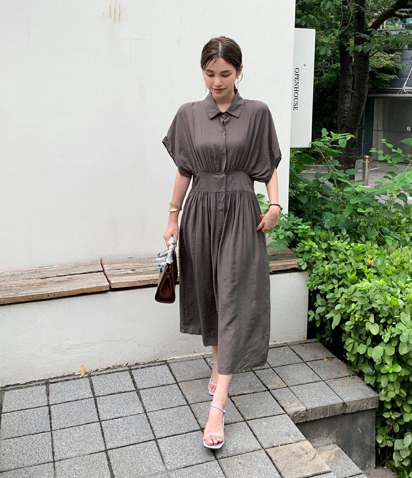 ギャザーシャツワンピース・全2色・b72422 レディース 【ops】ワンピース ロング丈 半袖 単色 無地 シンプル ベーシック シャツワンピ ギャザー 襟 二の腕カバー 体型カバー 楽ちん 春 夏 フェミニン グレー 灰色 韓国ファッション ハイホリHIHOLLI