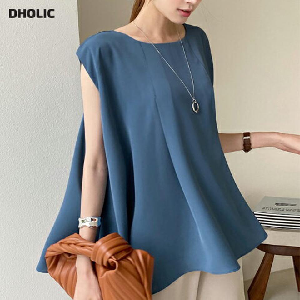 フレンチスリーブフレアブラウス・全2色・b72412 レディース 【bl】ブラウス トップス ノースリーブ スリーブレス 単色 無地 シンプル ベーシック お腹カバー フレンチスリーブ フレア 春 夏 フェミニン 青 韓国ファッション ハイホリHIHOLLI