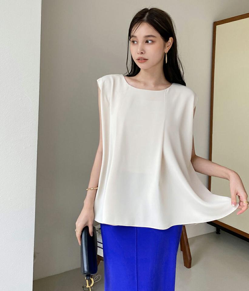 フレンチスリーブフレアブラウス・全2色・b72412 レディース 【bl】ブラウス トップス ノースリーブ スリーブレス 単色 無地 シンプル ベーシック お腹カバー フレンチスリーブ フレア 春 夏 フェミニン 青 韓国ファッション ハイホリHIHOLLI