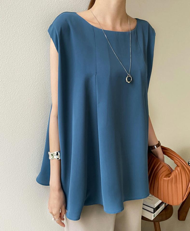 フレンチスリーブフレアブラウス・全2色・b72412 レディース 【bl】ブラウス トップス ノースリーブ スリーブレス 単色 無地 シンプル ベーシック お腹カバー フレンチスリーブ フレア 春 夏 フェミニン 青 韓国ファッション ハイホリHIHOLLI