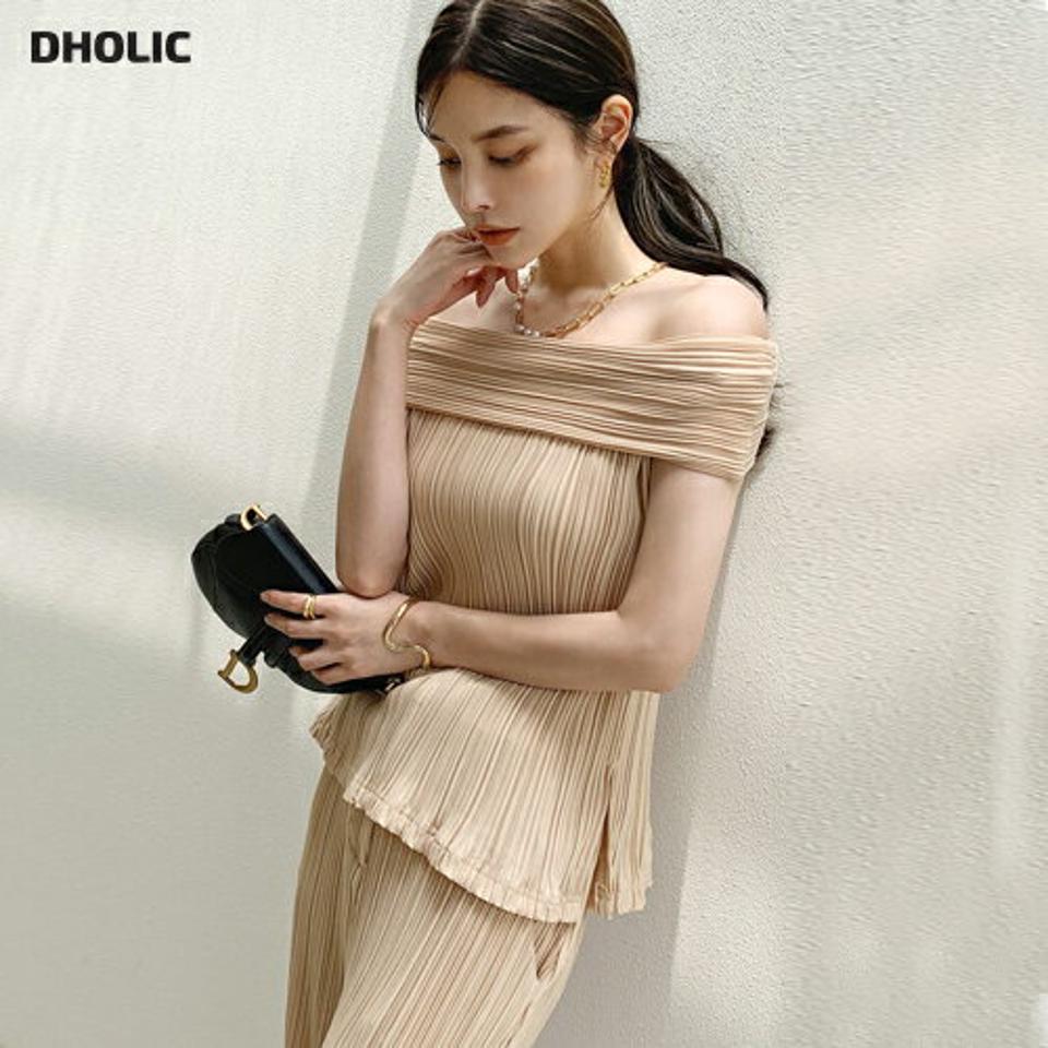 プリーツオフショルブラウス&スリットパンツSET・全4色・b72430 レディース 【pt】セットアップ セット setup パンツ ロング丈 プリーツ トップス ブラウス オフショルダー クロップド丈 ベージュ 春 夏 黄色 韓国ファッション ハイホリHIHOLLI