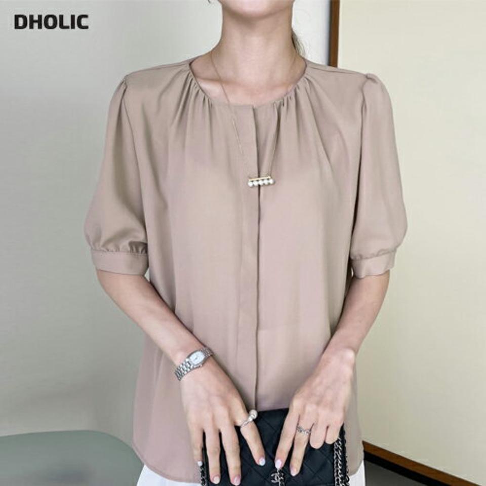 【10%OFF】ギャザードネックブラウス・全3色・t72414 レディース 【bl】ブラウス トップス 半袖 単色 無地 シンプル ベーシック オフィスカジュアル 二の腕カバー パフ袖 パフスリーブ 春 夏 フェミニン ベージュ 韓国ファッション ハイホリHIHOLLI セール SALE