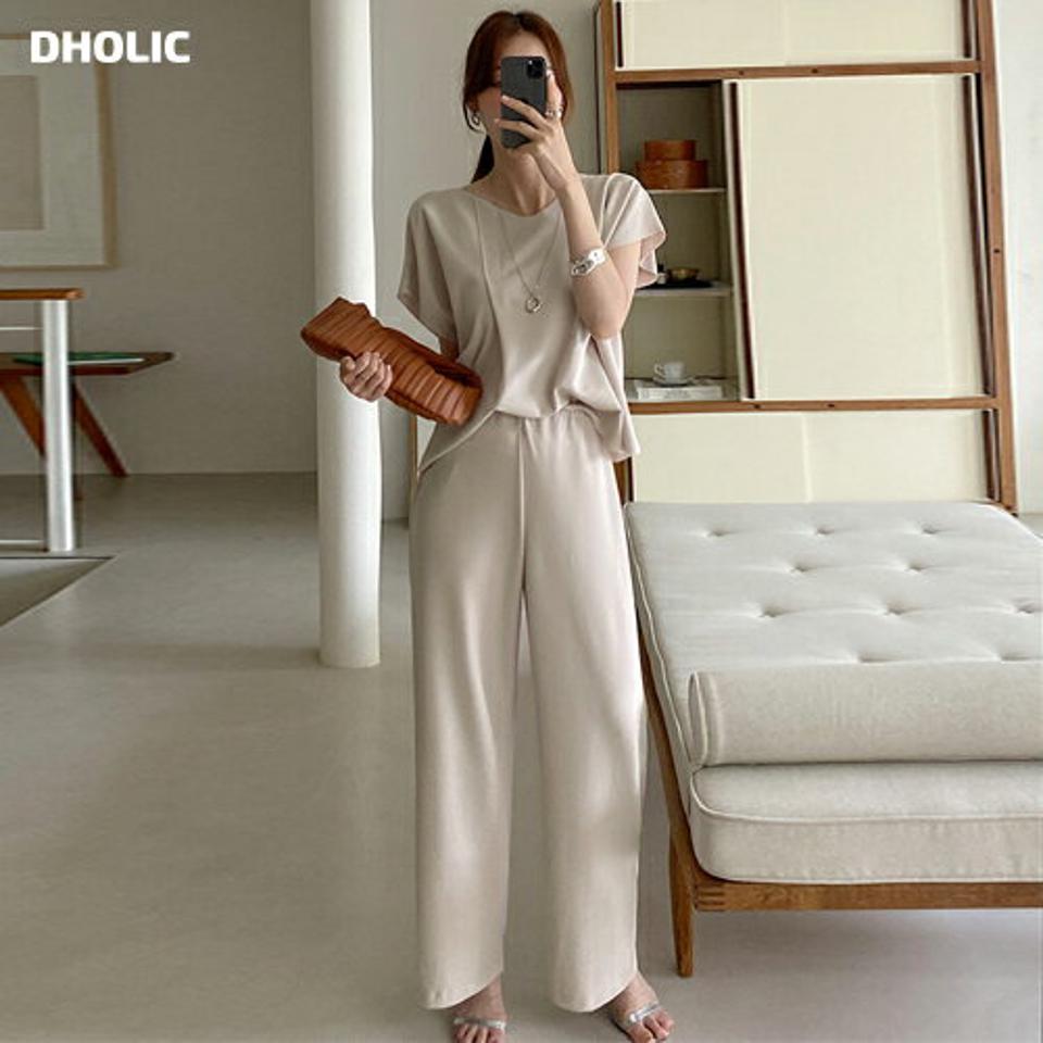 【10%OFF】カッティングブラウス&ワイドパンツSET・全3色・t72450 レディース 【pt】セットアップ セット setup トップス 半袖 ブラウス パンツ ワイド ロング丈 単色 無地 シンプル ベーシック 春 夏 楽ちん 大人 ベージュ 韓国ファッション ハイホリHIHOLLI セール SALE