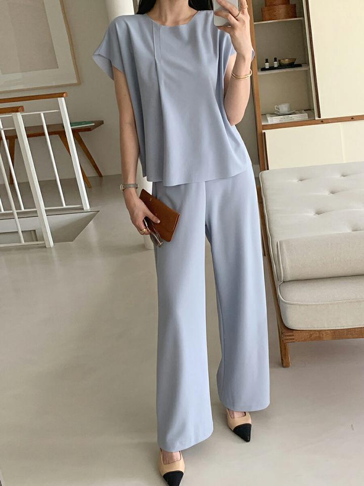 【10%OFF】カッティングブラウス&ワイドパンツSET・全3色・t72450 レディース 【pt】セットアップ セット setup トップス 半袖 ブラウス パンツ ワイド ロング丈 単色 無地 シンプル ベーシック 春 夏 楽ちん 大人 ベージュ 韓国ファッション ハイホリHIHOLLI セール SALE