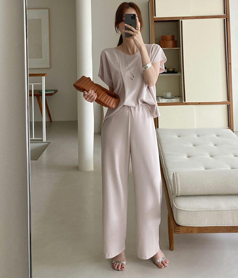 【10%OFF】カッティングブラウス&ワイドパンツSET・全3色・t72450 レディース 【pt】セットアップ セット setup トップス 半袖 ブラウス パンツ ワイド ロング丈 単色 無地 シンプル ベーシック 春 夏 楽ちん 大人 ベージュ 韓国ファッション ハイホリHIHOLLI セール SALE