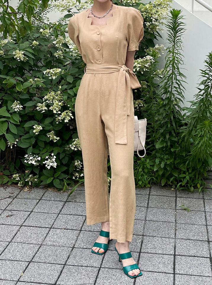 【10%OFF】ストラップ付スカラップネックオールインワン・全2色・b72427 レディース 【pt】オールインワン パンツ ロング丈 半袖 スカラップ 鎖骨 デコルテ Vネック パフ袖 パフスリーブ ストレート 春 夏 フェミニン 紺 韓国ファッション ハイホリHIHOLLI セール SALE