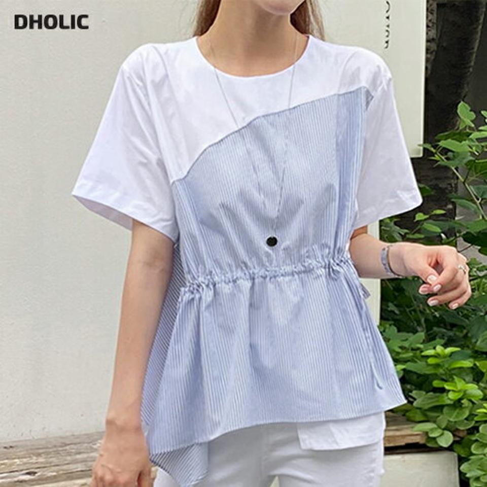 【10%OFF】ストリング付ストライプペプラムブラウス・全2色・b72416 レディース 【bl】ブラウス トップス 半袖 柄 模様 配色 ストライプ ストリング付 ウエストマーク お腹カバー ペプラム 春 夏 カジュアル 水色 韓国ファッション ハイホリHIHOLLI セール SALE