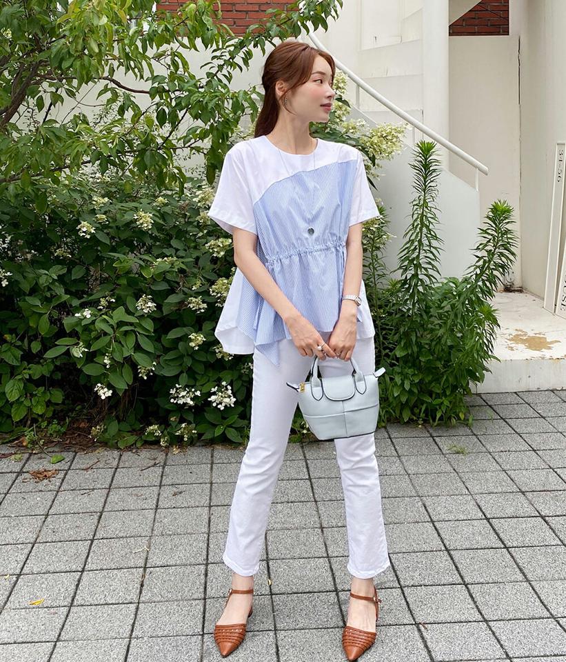 【10%OFF】ストリング付ストライプペプラムブラウス・全2色・b72416 レディース 【bl】ブラウス トップス 半袖 柄 模様 配色 ストライプ ストリング付 ウエストマーク お腹カバー ペプラム 春 夏 カジュアル 水色 韓国ファッション ハイホリHIHOLLI セール SALE