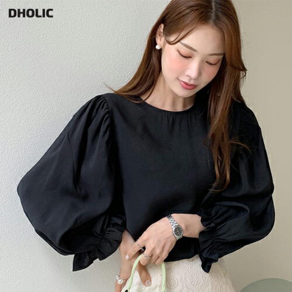 フリルパフスリーブブラウス・全3色・b72418 レディース 【bl】ブラウス 長袖 単色 無地 シンプル ベーシック フリル パフスリーブ パフ袖 オフィスカジュアル かわいい 可愛い 春 夏 フェミニン 黒 ブラック 韓国ファッション ハイホリHIHOLLI