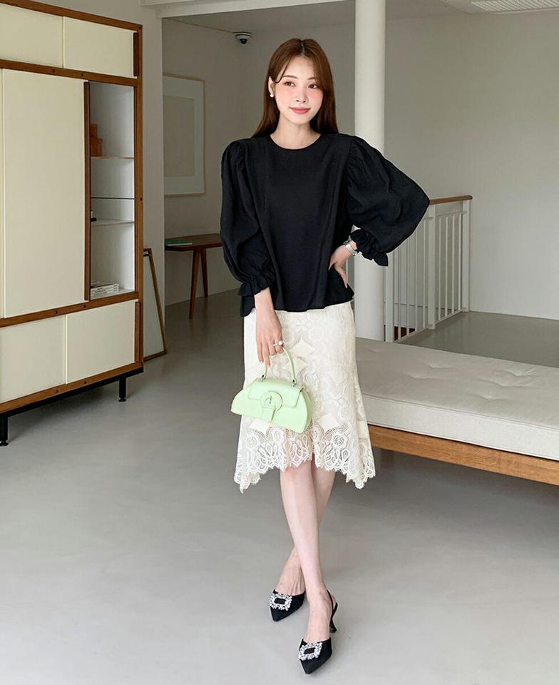 フリルパフスリーブブラウス・全3色・b72418 レディース 【bl】ブラウス 長袖 単色 無地 シンプル ベーシック フリル パフスリーブ パフ袖 オフィスカジュアル かわいい 可愛い 春 夏 フェミニン 黒 ブラック 韓国ファッション ハイホリHIHOLLI