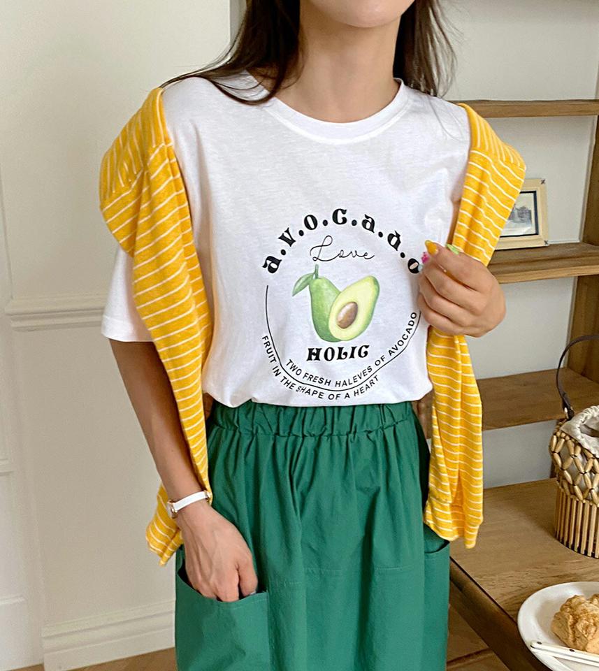 【10%OFF】アボカドレタリングTシャツ・全3色・b01412 レディース 【tops】トップス Tシャツ ロゴ レタリング ユニーク カジュアル かわいい ラフ ラウンドネック 春 夏 韓国ファッション セール SALE