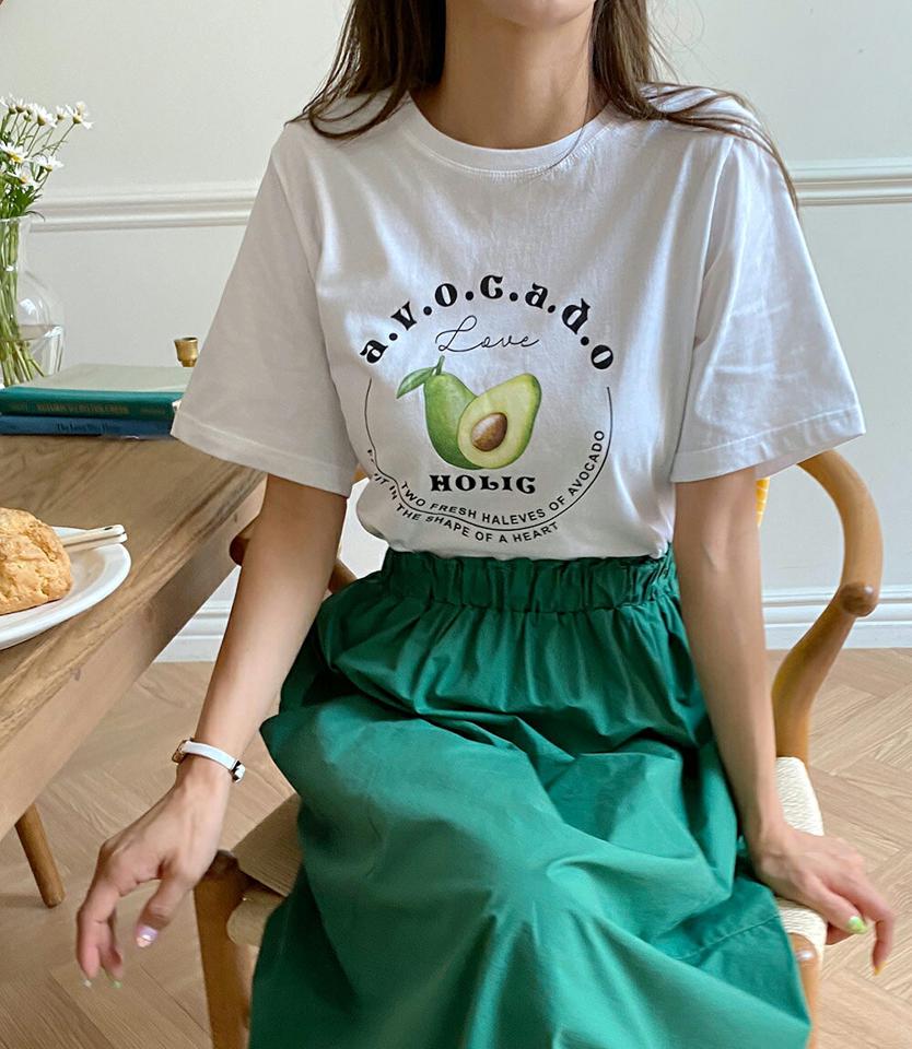 【10%OFF】アボカドレタリングTシャツ・全3色・b01412 レディース 【tops】トップス Tシャツ ロゴ レタリング ユニーク カジュアル かわいい ラフ ラウンドネック 春 夏 韓国ファッション セール SALE