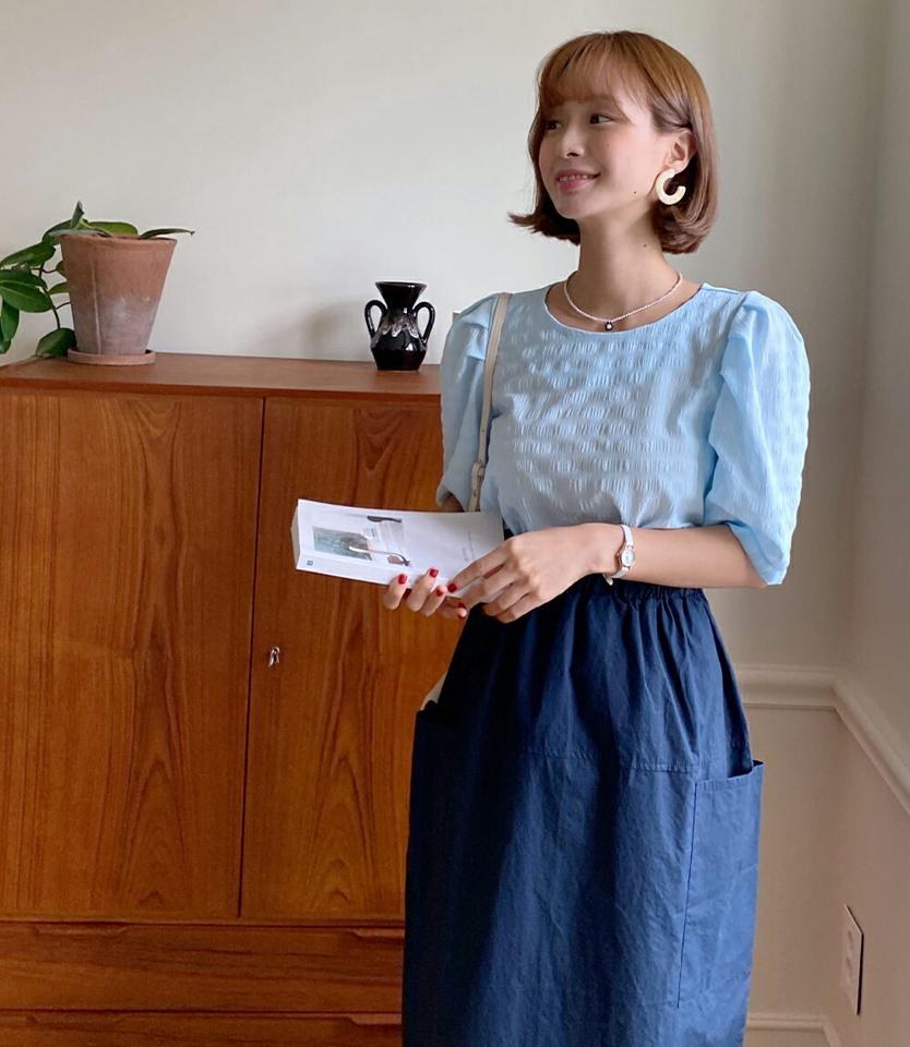 リンクルパフスリーブブラウス・全3色・t01407 レディース 【bl】トップス ブラウス 半袖 ハーフスリーブ パフスリーブ 二の腕カバー リンクル ラウンドネック かわいい 可愛い 水色 大人 夏 韓国ファッション