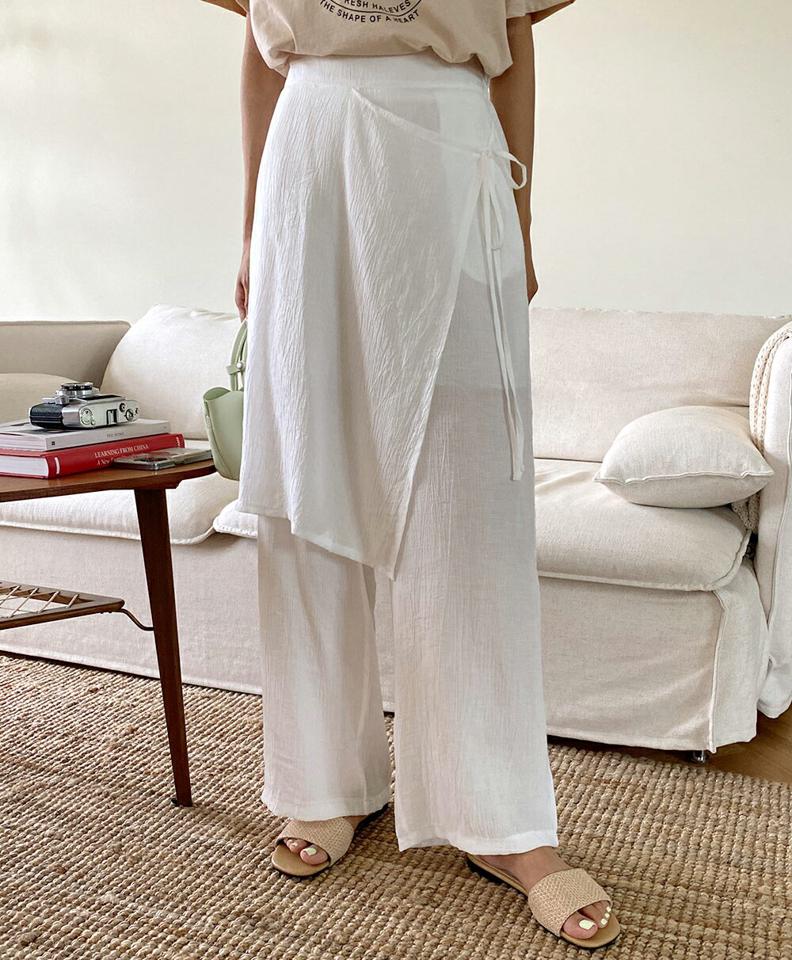 リンクルラップワイドパンツ・全3色・t01388 レディース 【pt】パンツ ズボン ワイドパンツ ロングパンツ リンクル ラップデザイン ユニーク 体型カバー 単色 カジュアル フルレングス ハイウエスト 白 ホワイト レイヤード風 夏 韓国ファッション