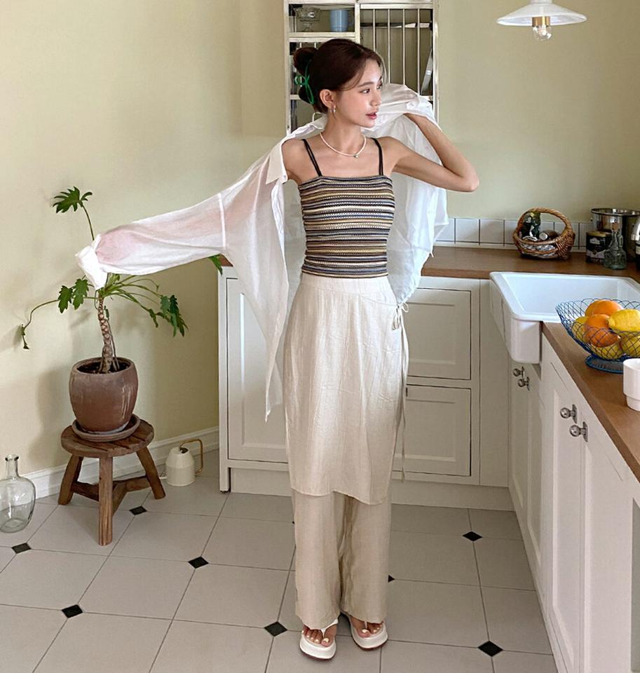 リンクルラップワイドパンツ・全3色・t01388 レディース 【pt】パンツ ズボン ワイドパンツ ロングパンツ リンクル ラップデザイン ユニーク 体型カバー 単色 カジュアル フルレングス ハイウエスト 白 ホワイト レイヤード風 夏 韓国ファッション