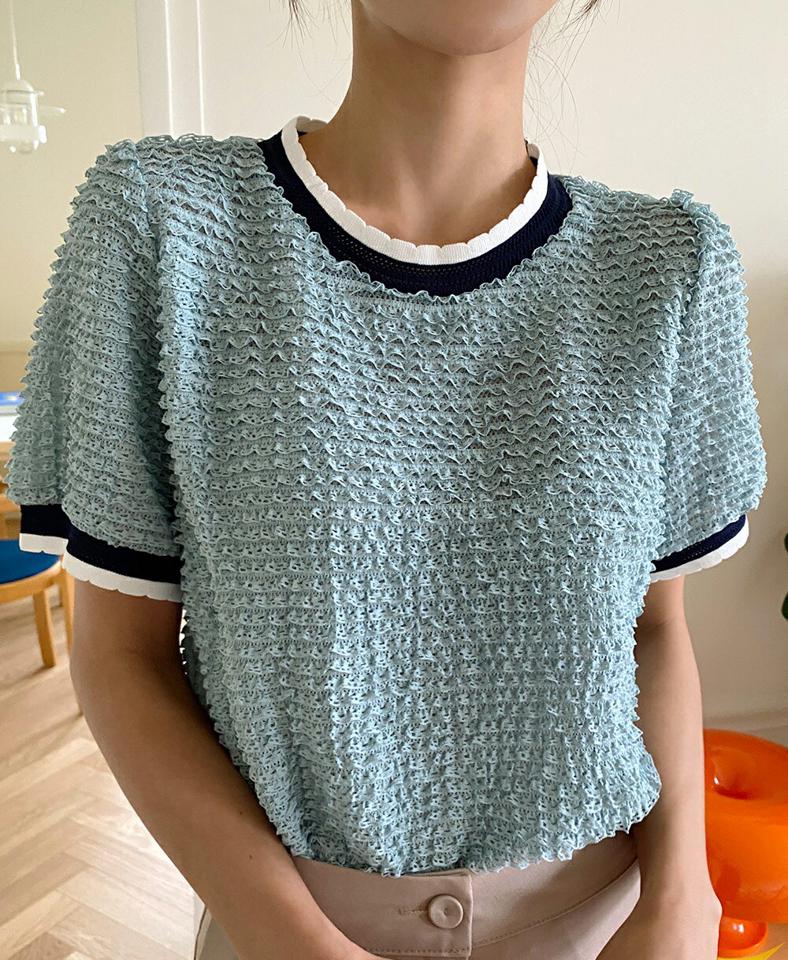 配色フリルレースTシャツ・全4色・t01417 レディース 【tops】トップス Tシャツ 半袖 ライン 配色 フリル レス ユニーク かわいい 可愛い ラウンドネック スカラップ パフスリーブ パープル 紫 夏 韓国ファッション