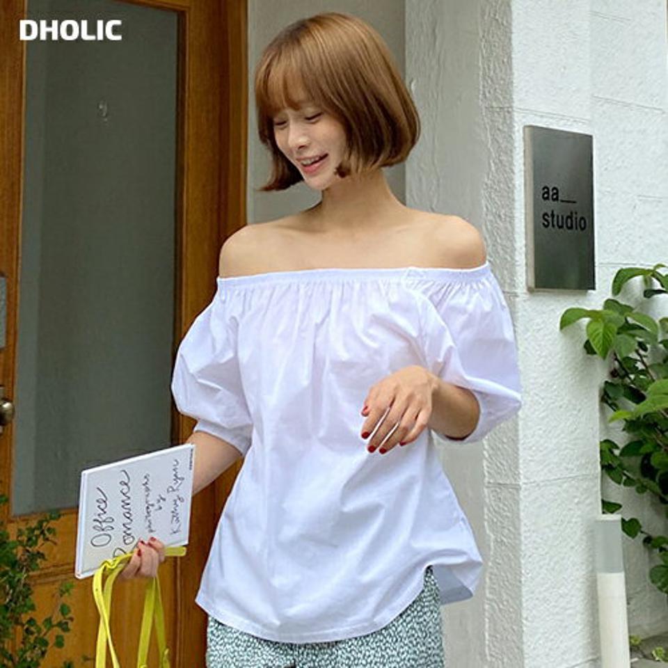 2WAYパフスリーブフレアブラウス・全3色・t01408 レディース 【bl】トップス ブラウス 半袖 ハーフスリーブ オフショルダー 肩出し パフスリーブ 二の腕カバー デコルテ 単色 無地 ラウンドネック フレア ゴム かわいい 夏 韓国ファッション