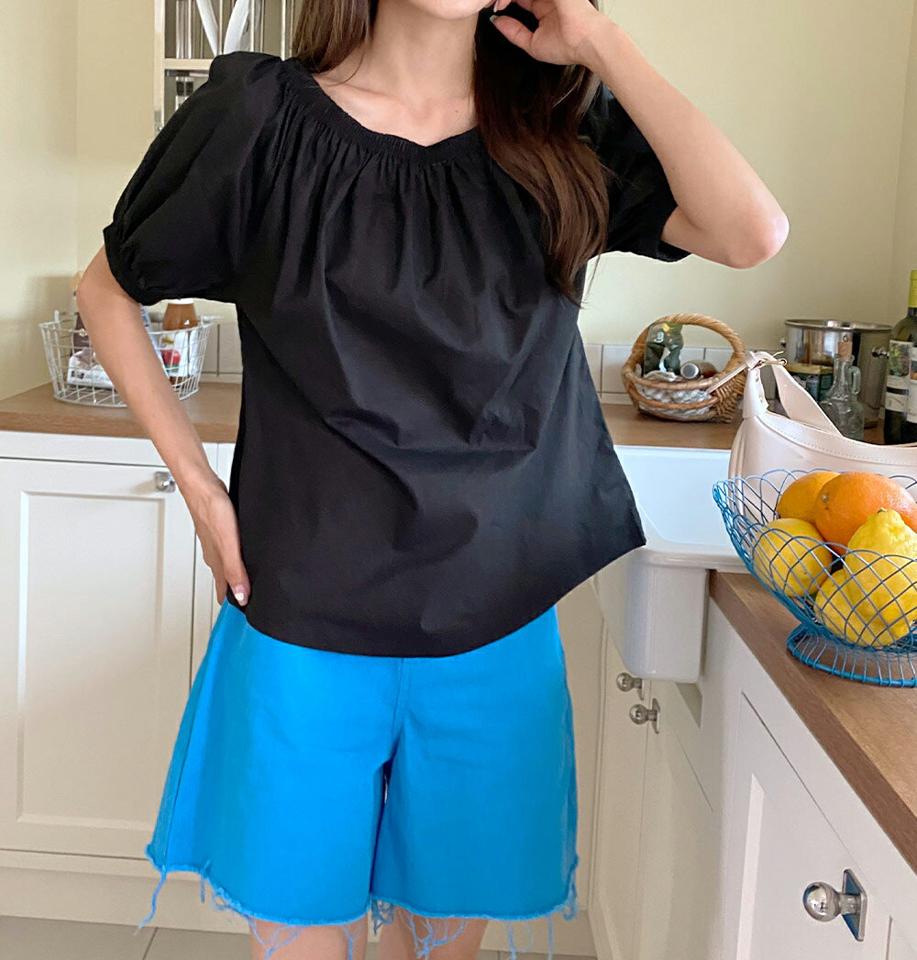 2WAYパフスリーブフレアブラウス・全3色・t01408 レディース 【bl】トップス ブラウス 半袖 ハーフスリーブ オフショルダー 肩出し パフスリーブ 二の腕カバー デコルテ 単色 無地 ラウンドネック フレア ゴム かわいい 夏 韓国ファッション