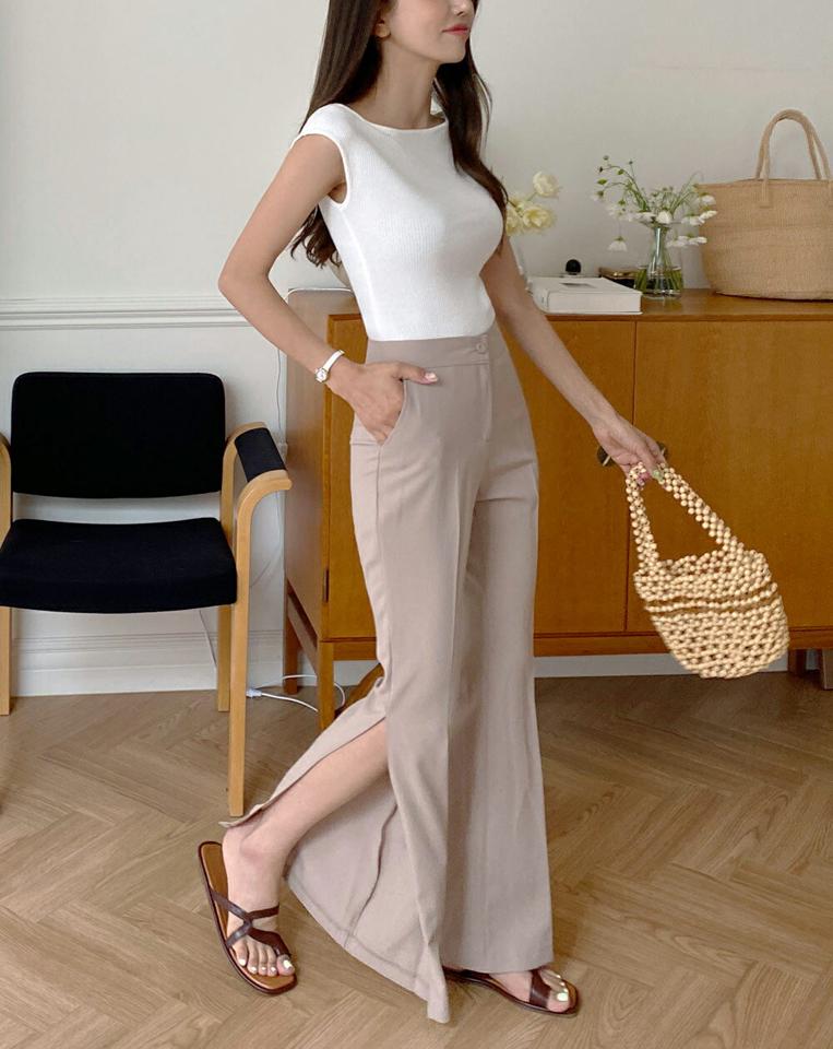 【10%OFF】サイドスリットフレアスラックス・全3色・t01394 レディース 【pt】パンツ ズボン スラックス ロングパンツ フレア 単色 無地 シンプル 大人 カジュアル センタープレス オフィスカジュアル スリム くるみボタン ベージュ 春 夏 韓国ファッション セール SALE