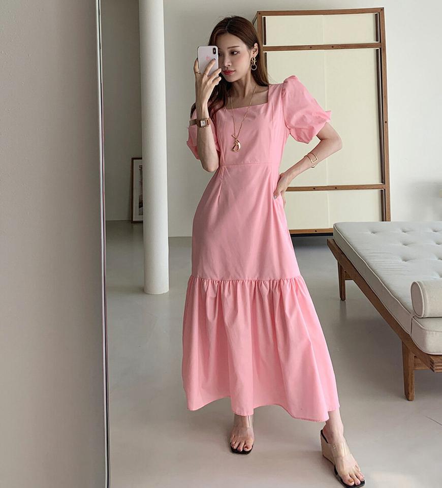 【10%OFF】2TYPEスクエアバルーンワンピース・全2色・t00867 レディース 【ops】ワンピース 半袖 ロング丈 無地 単色 柄 模様 ギンガムチェック スクエアネック 鎖骨 デコルテ パフ パステル 体型カバー 春 夏 ピンク 韓国ファッション ハイホリHIHOLLI セール SALE
