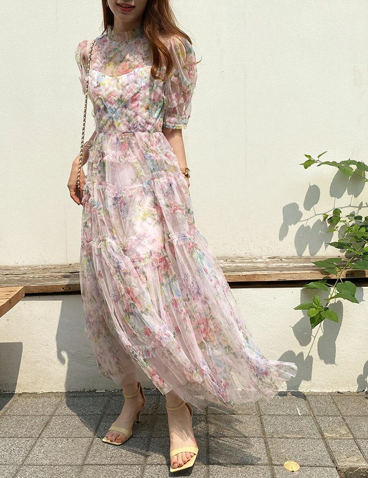 フリルシアー花柄ワンピース・全2色・t00866 レディース 【ops】ワンピース ロング丈 半袖 柄 模様 花柄 フリル シアー 透け感 シースルー ハーフネック パフ袖 パフスリーブ フレア 春 夏 フェミニン ピンク 韓国ファッション 人気 ハイホリHIHOLLI