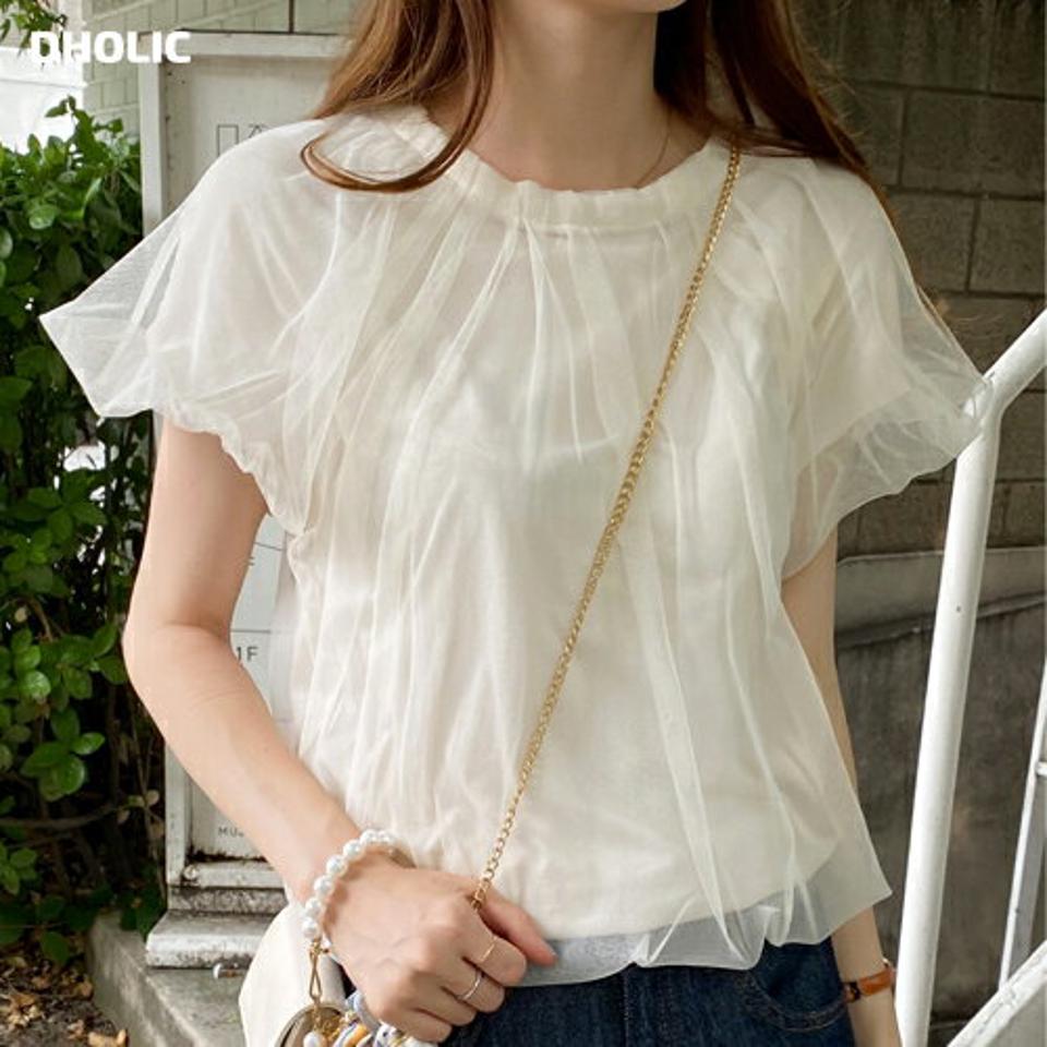 メッシュレイヤードバルーンTシャツ・全5色・t00859 レディース 【tops】トップス Tシャツ 半袖 単色 柄 模様 メッシュ レイヤード 二の腕カバー バルーン袖 ユニーク 綿 コットン 春 夏 フェミニン 白 韓国ファッション ハイホリHIHOLLI