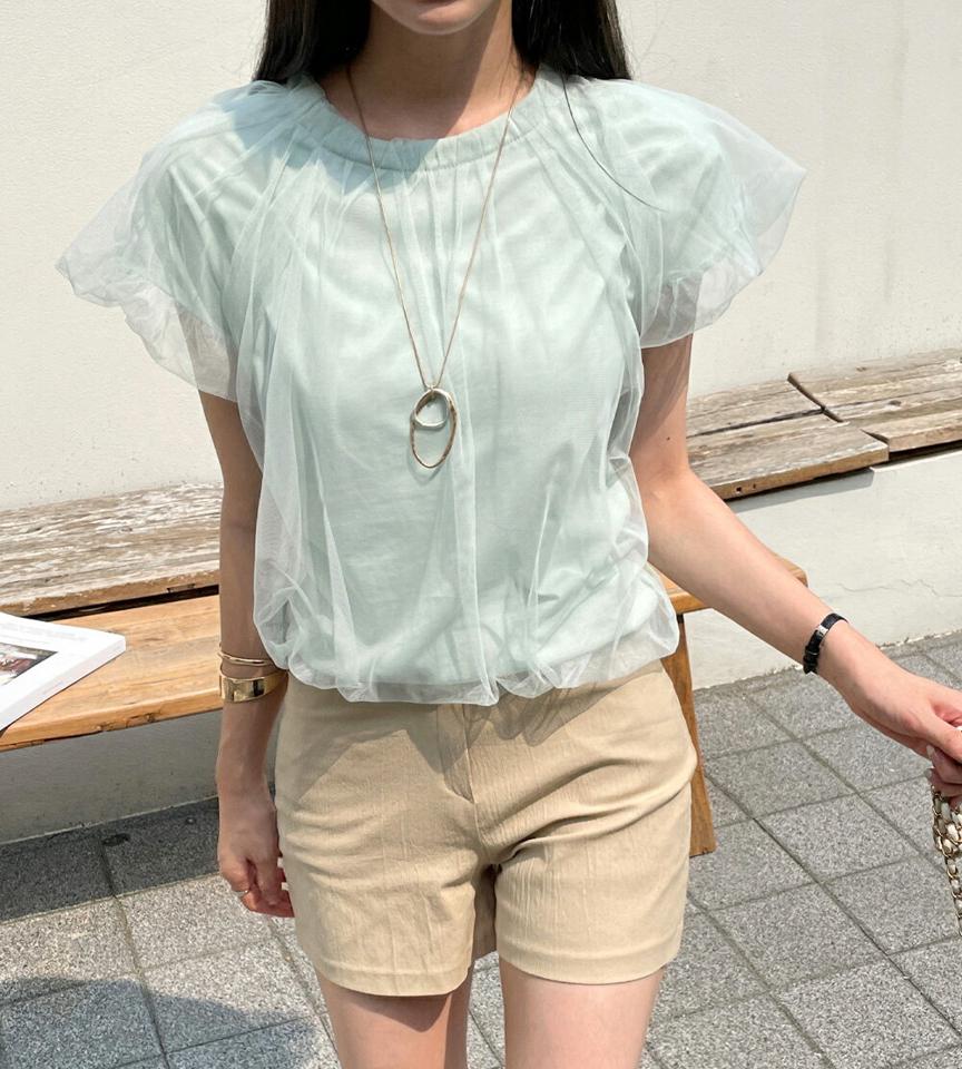 メッシュレイヤードバルーンTシャツ・全5色・t00859 レディース 【tops】トップス Tシャツ 半袖 単色 柄 模様 メッシュ レイヤード 二の腕カバー バルーン袖 ユニーク 綿 コットン 春 夏 フェミニン 白 韓国ファッション ハイホリHIHOLLI