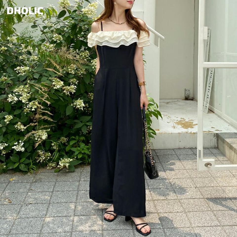 2WAYフリルオールインワン・全1色・t00888 レディース 【pt】オールインワン パンツ ロング丈 2WAY 配色 柄 模様 フリル 体型カバー オフショルダー スクエアネック 鎖骨 デコルテ ハイウエスト 春 夏 黒 韓国ファッション ハイホリHIHOLLI