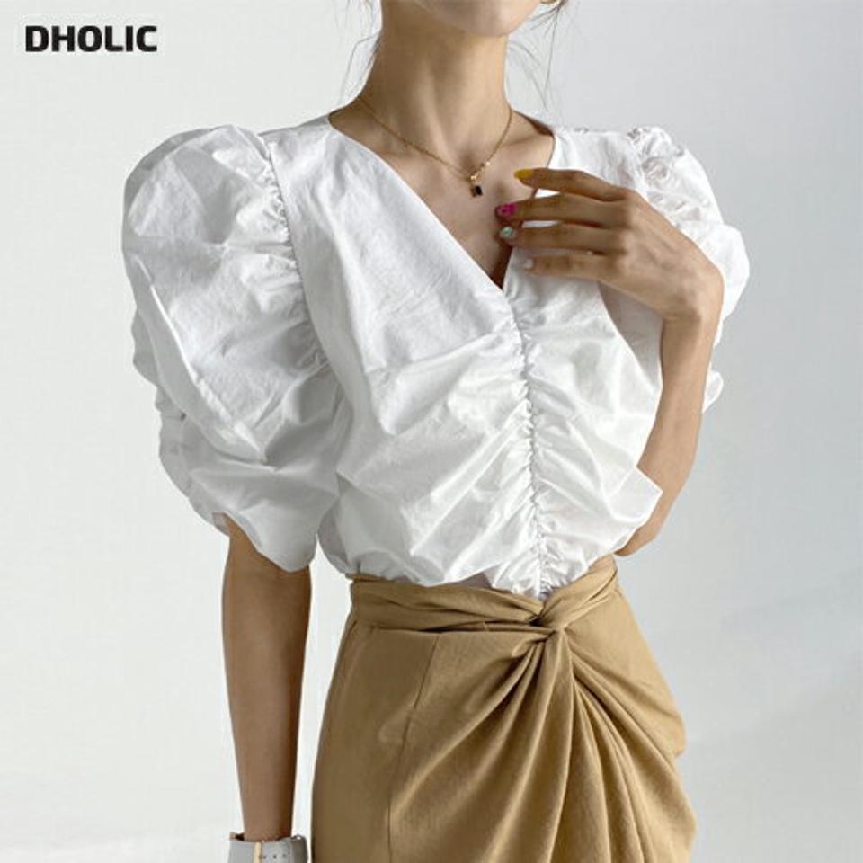 ギャザーVネックブラウス・b67454 レディース 【bl】トップス ブラウス 半袖 ハーフスリーブ Vネック ギャザー 白 ホワイト パフスリーブ 二の腕カバー ガーリー フェミニン かわいい 可愛い 夏 韓国ファッション